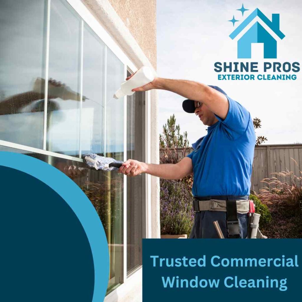 A professional cleaning team from a commercial window cleaning company, cleaning large office building windows for a spotless finish.