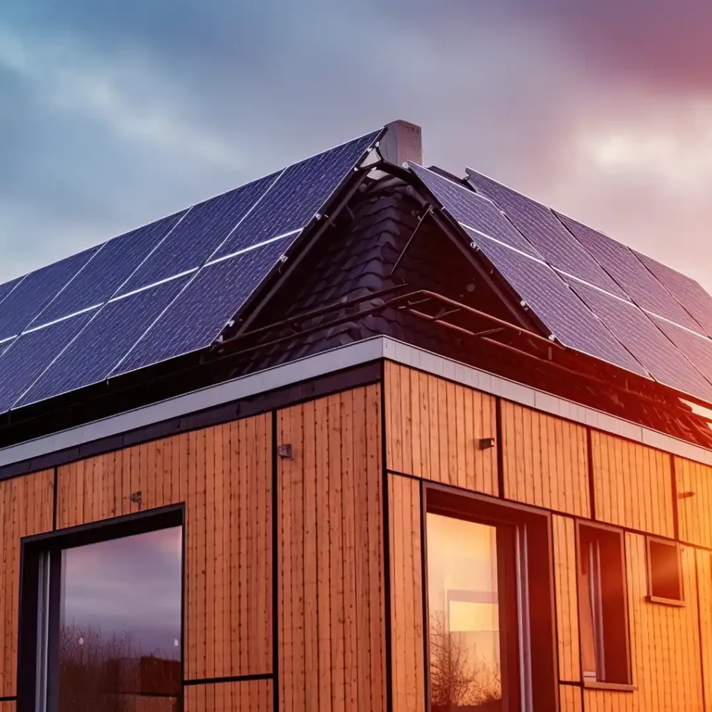 A modern house with solar panels installed on the roof, showcasing sustainable energy use and eco-friendly living.