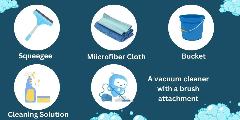 A neatly organized collection of essential window cleaning tools, including squeegees, scrubbers, and microfiber cloths.